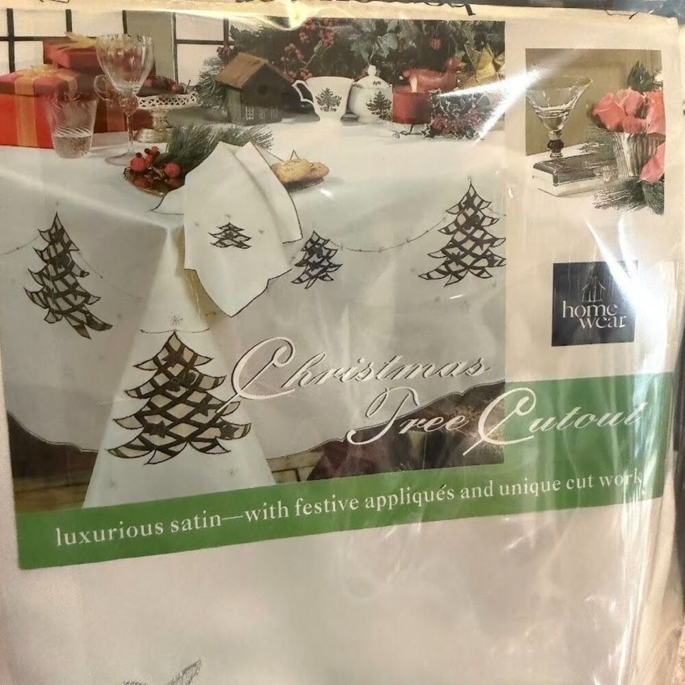 Christmas Tree Cut-Out Ivory Tablecloth 52x70 Inch Oblong